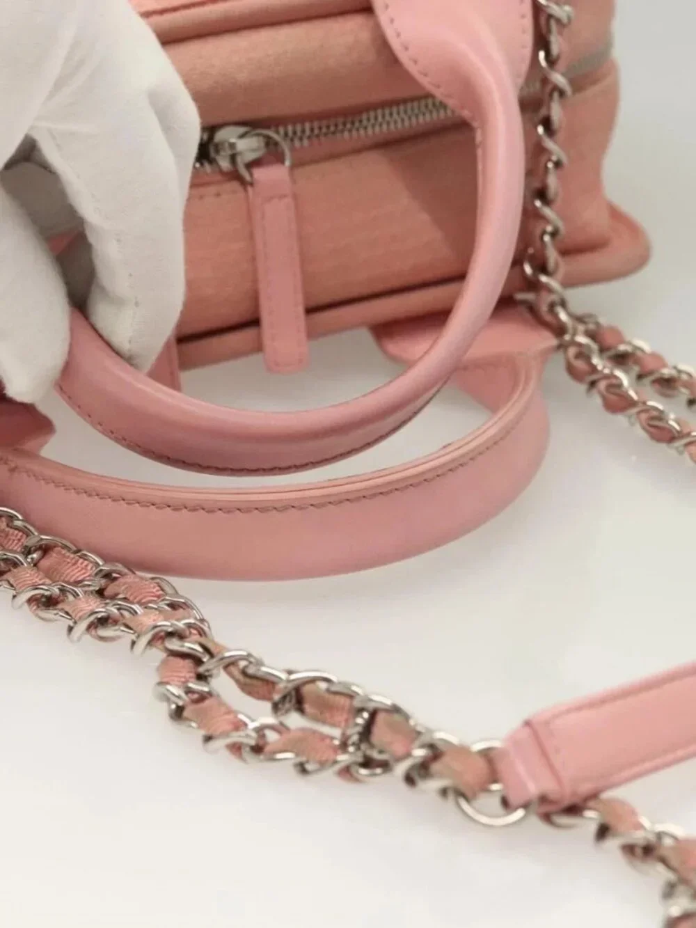 CHANEL Hand Bag Canvas Leather 2way Pink Silver CC Auth BA2930